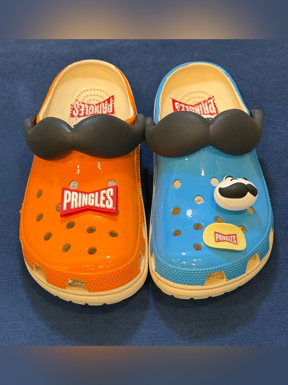 Crocs X Pringles Clogs Men’s 9 Women’s 11 Orange Blue Jibbitz Mustache Chip Logo
